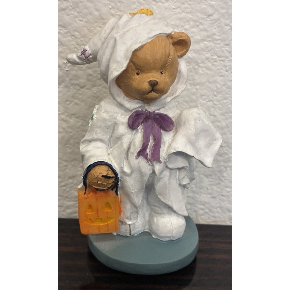 Vintage Bear Ghost Holding Pumpkin Bucket Ceramic Figurine 3.5" Halloween Decor